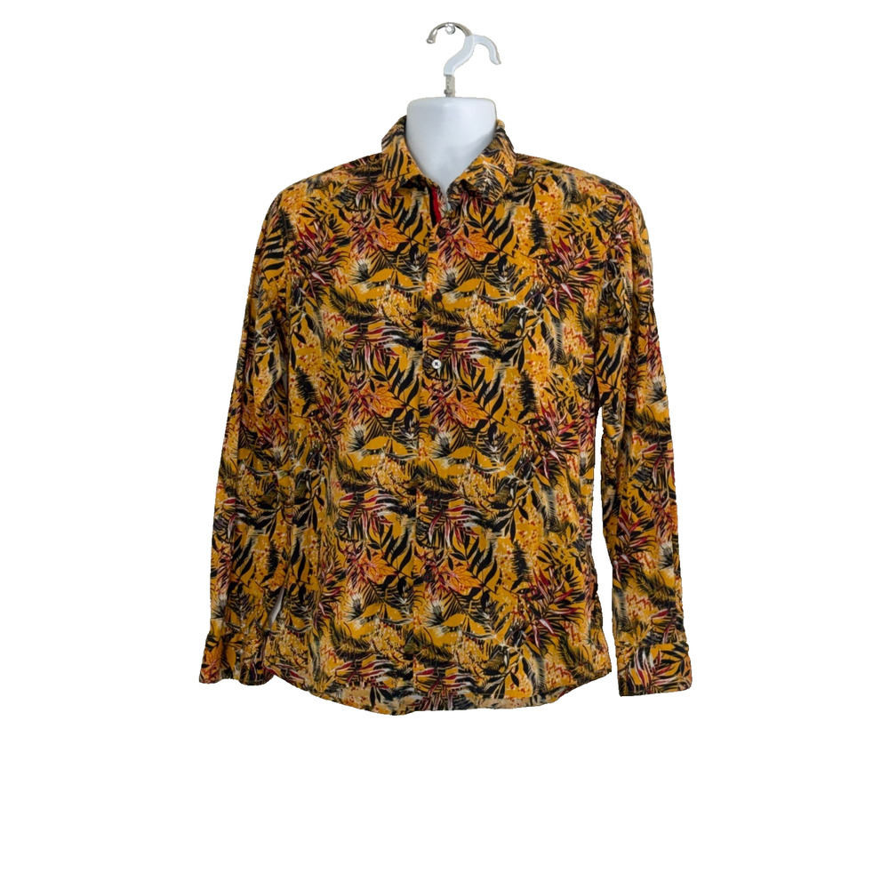Barabas Shirt Mens Med Yellow Brown Floral Button Front Long Sleeve Clubbing